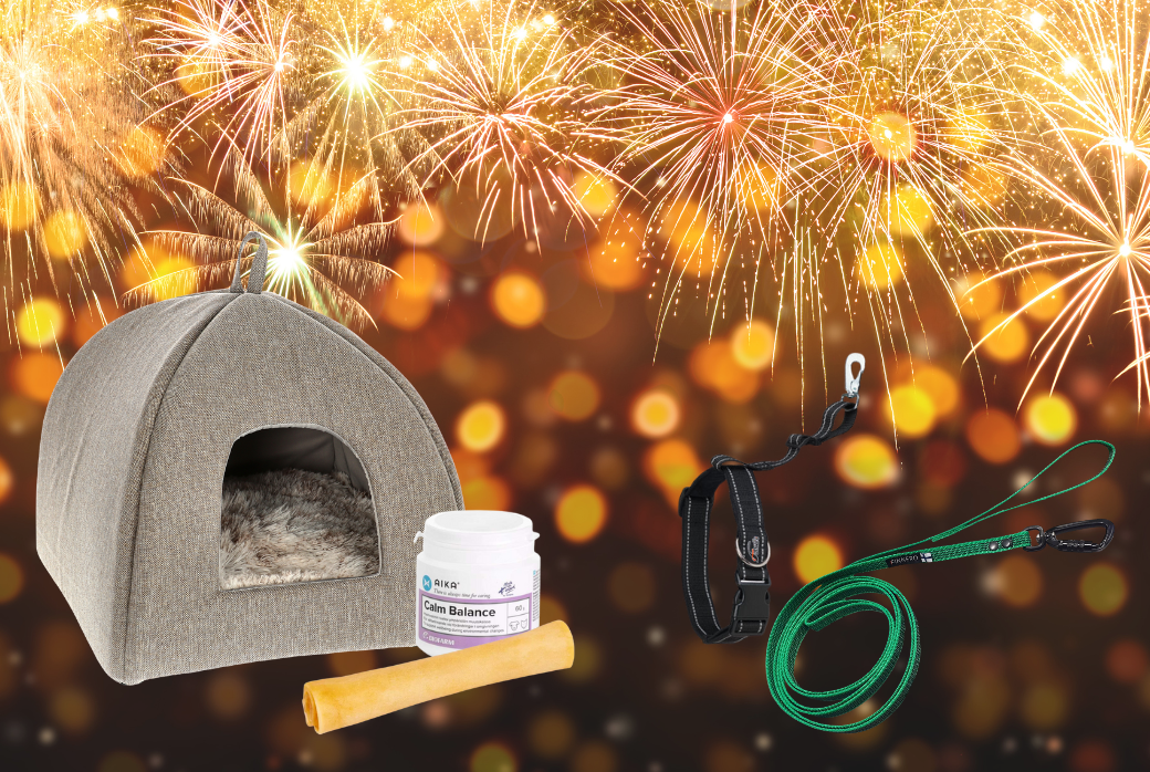 Ilotulitetaustalla iglun muotoinen beige lemmikin pesä, Calm Balance -purkki, pururulla, musta stoppari valjaisiin ja vihreä grip -hihna