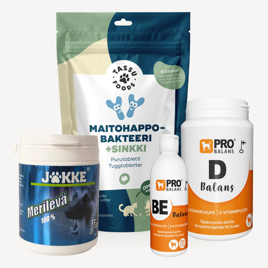 Lisäravinteita lemmikille: Tassu Foods Maitohappobakteeri + sinkki, Jakke Merilevä, Probalans BE-balans, Probalans D-balans
