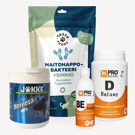 Lisäravinteita lemmikille: Tassu Foods Maitohappobakteeri + sinkki, Jakke Merilevä, Probalans BE-balans, Probalans D-balans