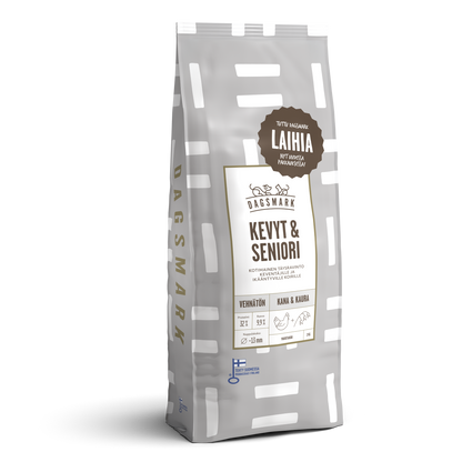 Dagsmark KEVYT & SENIORI vehnätön kana-kaura koiran kuivaruoka 2 kg Nordic Pet Shop