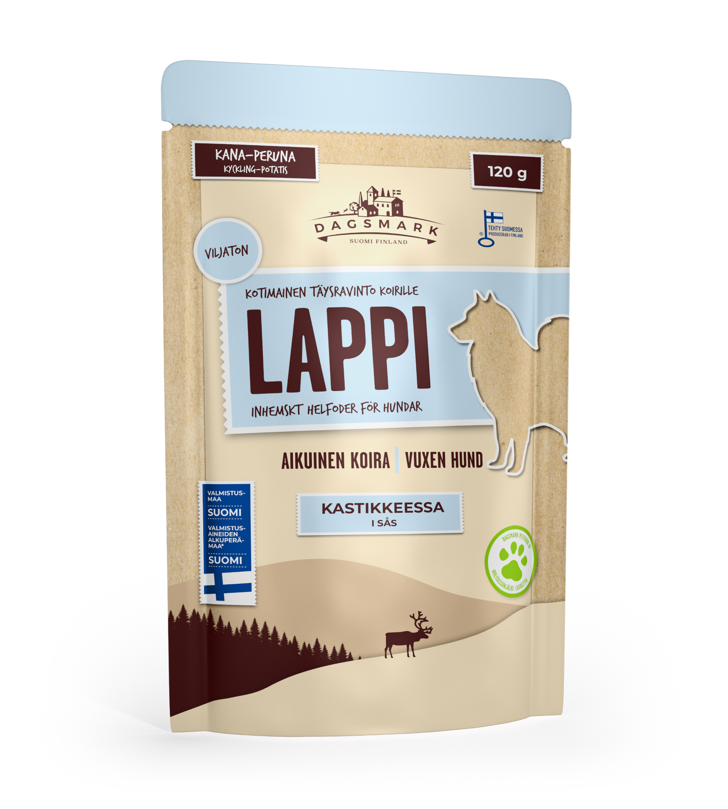 Dagsmark LAPPI kana-peruna kastikkeessa koiran märkäruoka 8 X 120 g multipack Nordic Pet Shop