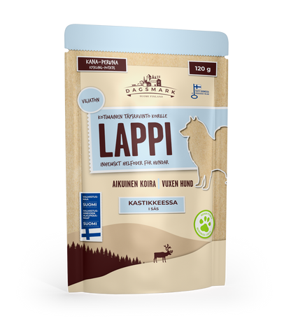 Dagsmark LAPPI kana-peruna kastikkeessa koiran märkäruoka 8 X 120 g multipack Nordic Pet Shop