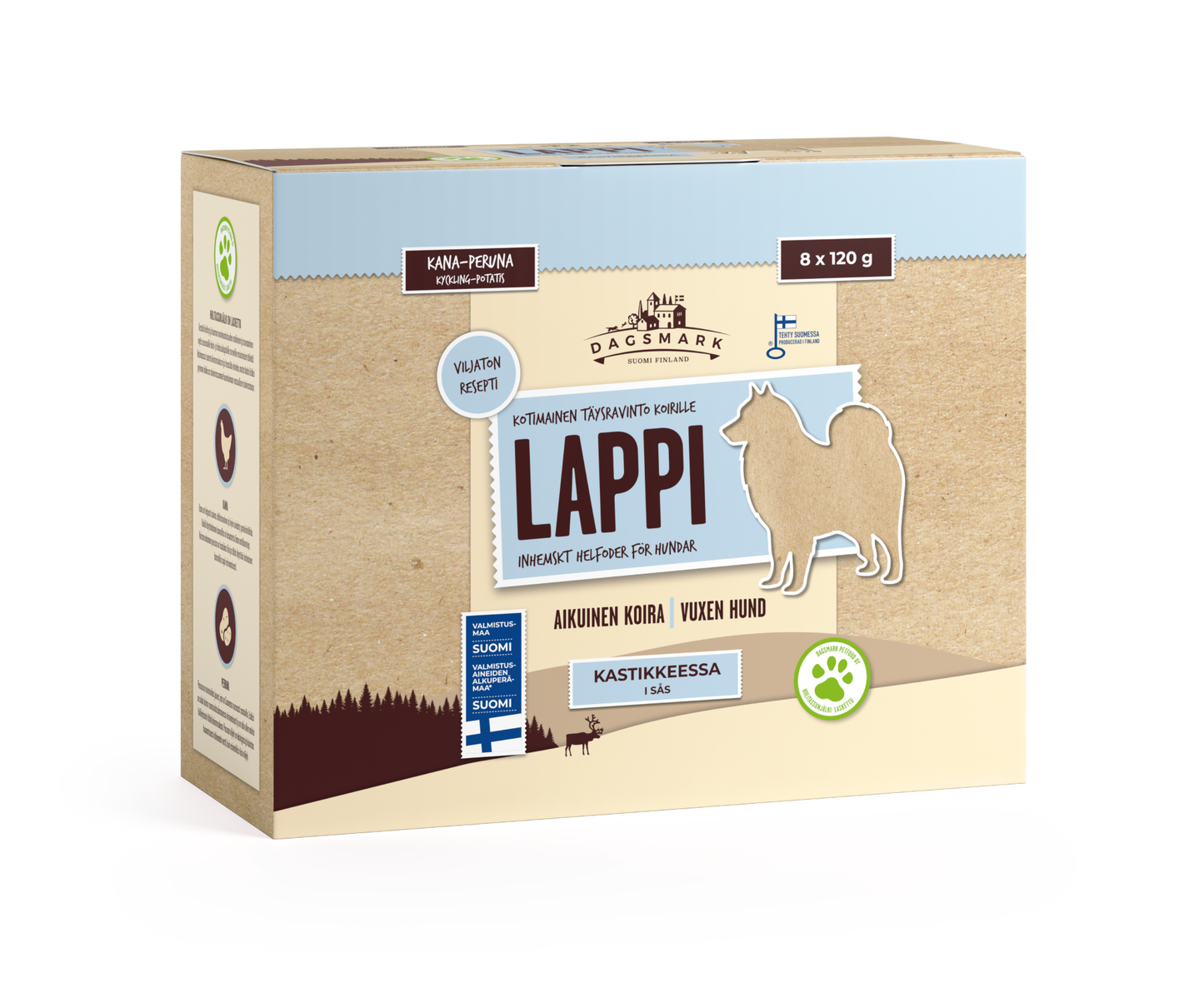 Dagsmark LAPPI kana-peruna kastikkeessa koiran märkäruoka 8 X 120 g multipack Nordic Pet Shop