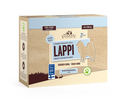 Dagsmark LAPPI kana-peruna kastikkeessa koiran märkäruoka 8 X 120 g multipack Nordic Pet Shop