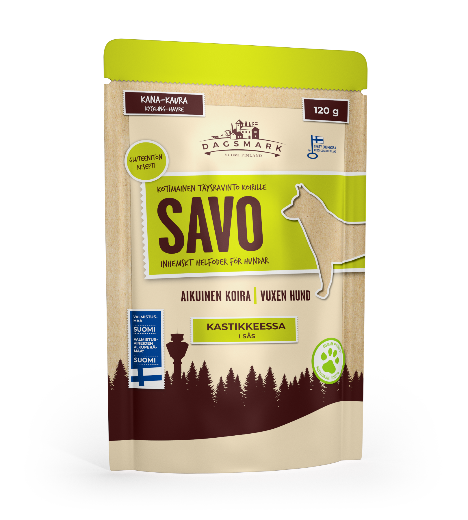 Dagsmark SAVO kana-kaura kastikkeessa koiran märkäruoka 8 X 120 g multipack Nordic Pet Shop