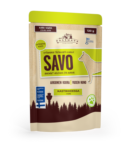 Dagsmark SAVO kana-kaura kastikkeessa koiran märkäruoka 8 X 120 g multipack Nordic Pet Shop