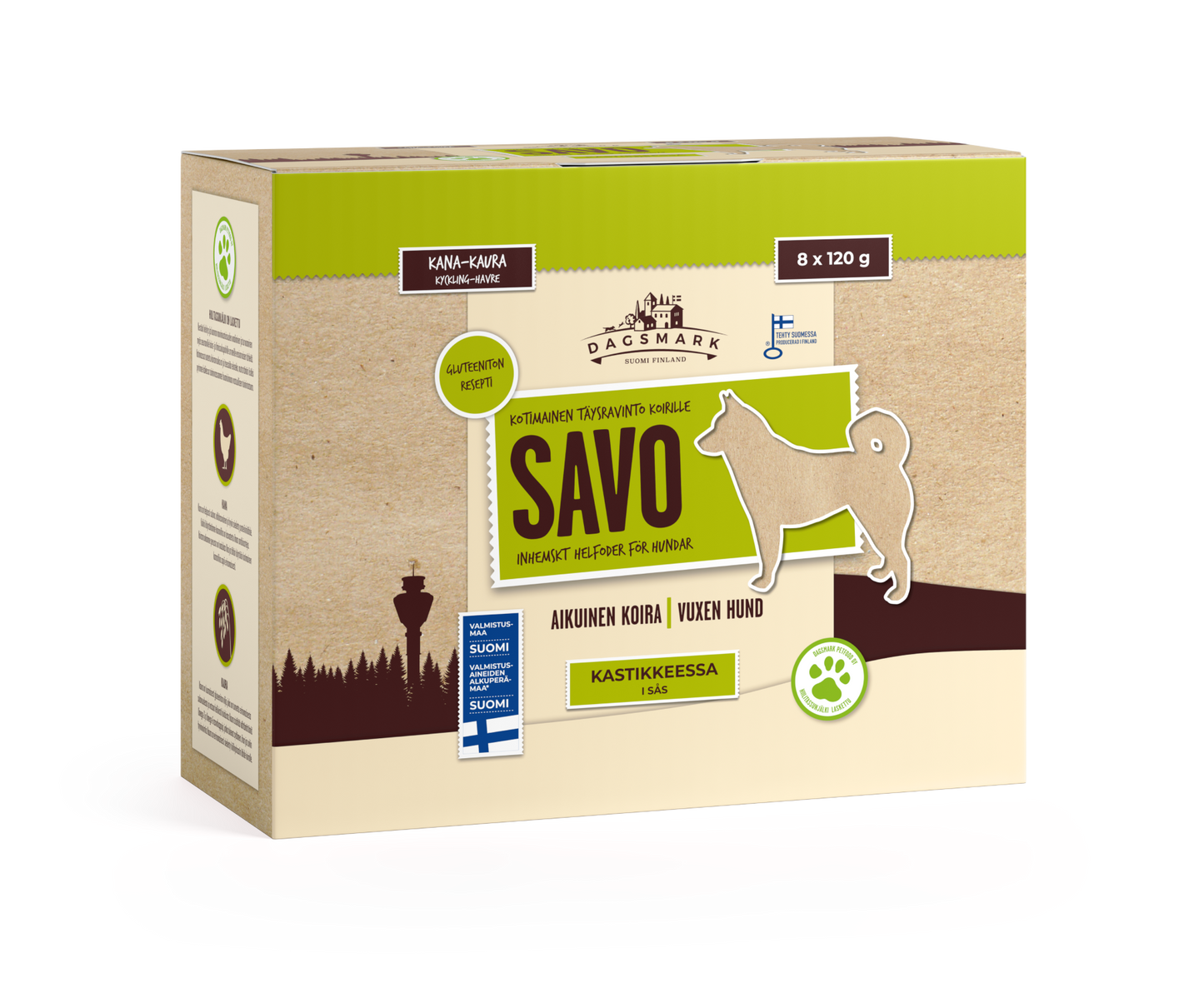 Dagsmark SAVO kana-kaura kastikkeessa koiran märkäruoka 8 X 120 g multipack Nordic Pet Shop