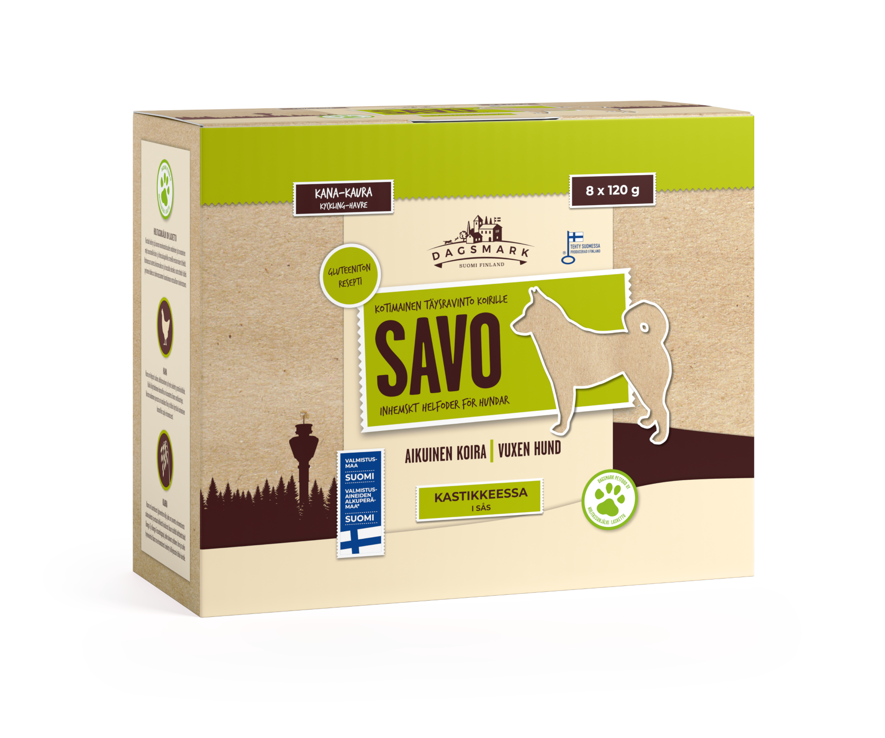 Dagsmark SAVO kana-kaura kastikkeessa koiran märkäruoka 8 X 120 g multipack Nordic Pet Shop