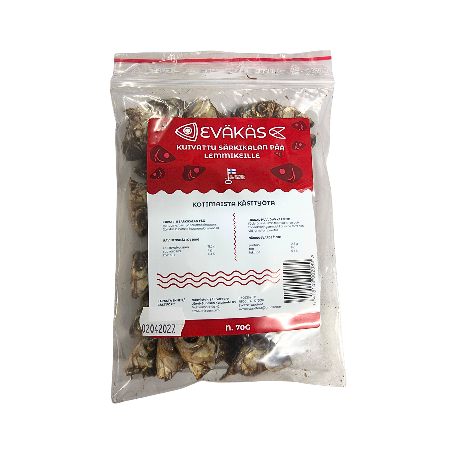 EVÄKÄS Kuivattu särkikalanpää 70 g Nordic Pet Shop
