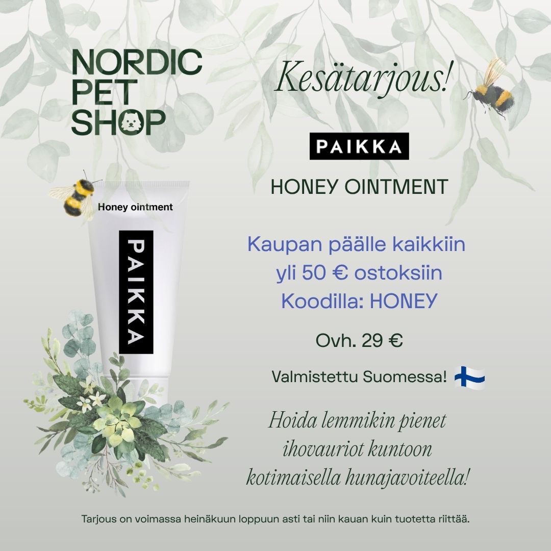 PAIKKA Honey Ointment 50 ml kaupan päälle kaikkiin yli 50 € ostoksiin koodilla: HONEY. Suomessa valmistetulla hunajavoiteella hoidat lemmikin pienet ihovauriot kuntoon! Lisää tuote ostoskoriisi ja käytä alekoodia kassalla. Tarjous voimassa heinäkuun loppuun tai niin kauan kuin tuotetta riittää!