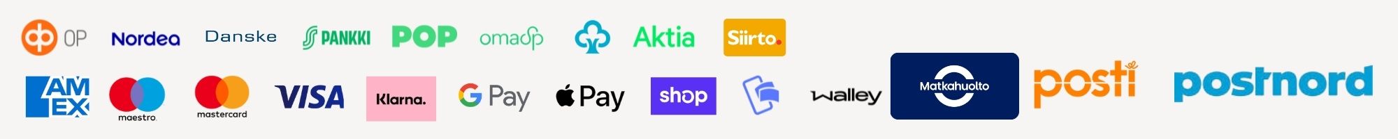 Maksutavat ja toimitustavat Nordic Pet Shop. 

Pankkimaksut: OP, Nordea, Danske Bank, S-pankki, POP-pankki, Säästöpankki, Aktia. 
Korttimaksut: Visa, Mastercard, Maestro, AmEx. 
Muut maksutavat: Mobilepay, Siirto, Klarna, Walley, Google Pay, Apple Pay.

Toimitustavat: PostNord, Posti ja Matkahuolto.