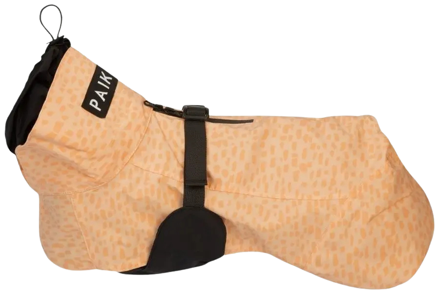 PAIKKA Peach 2.0 sadetakki koirille. Päällinen pimeässä hohtavaa materiaalia.