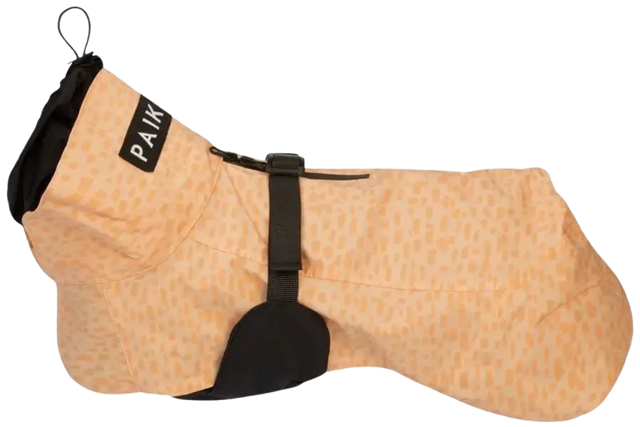 PAIKKA Peach 2.0 sadetakki koirille. Päällinen pimeässä hohtavaa materiaalia.
