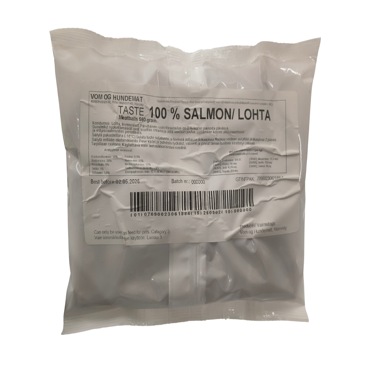 VOM Taste lohi 560 g. Vitaminoitu yhden proteiininlähteen raakaruoka koirille ja kissoille.